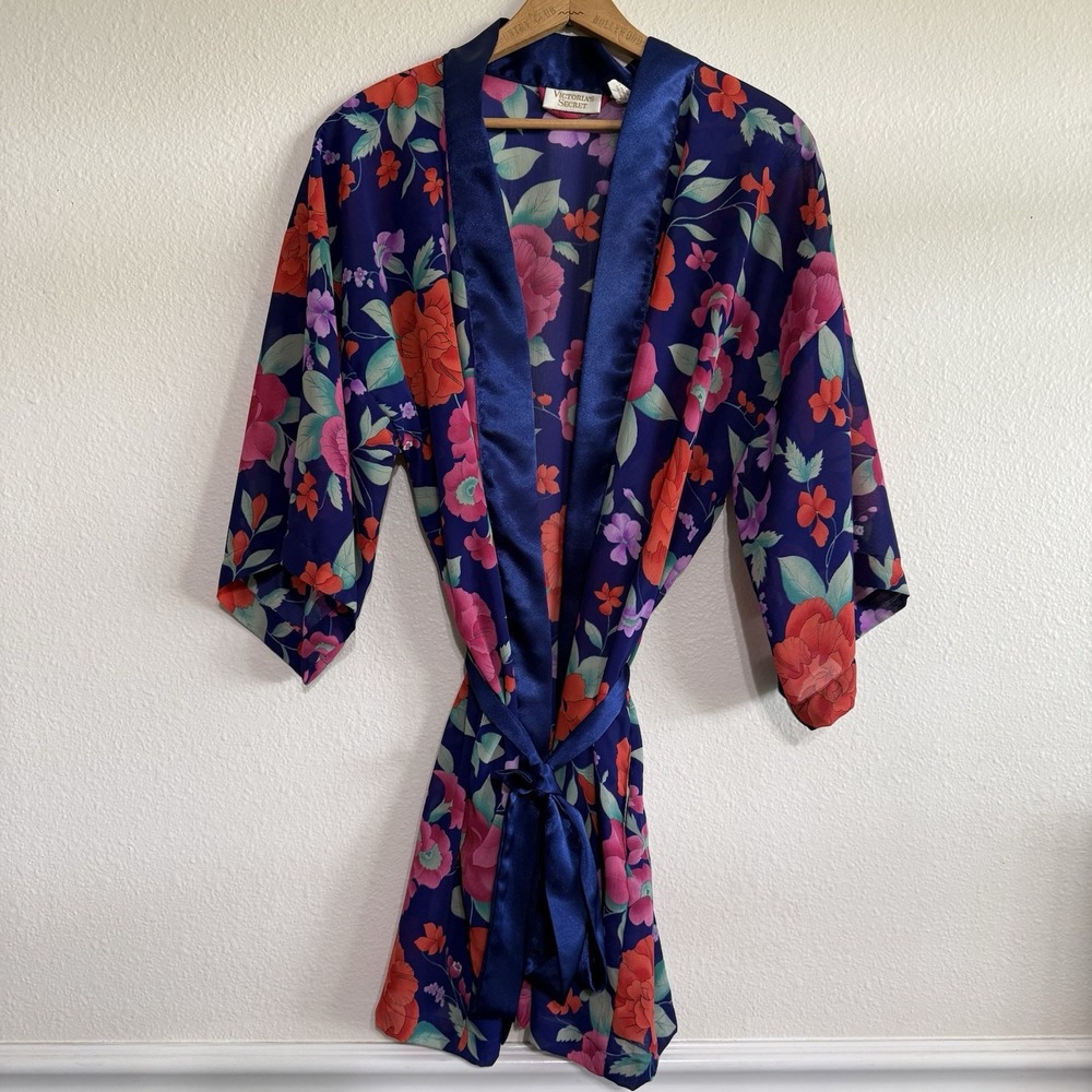 Vintage Victoria's Secret Floral Kimono Robe 3/4 Sleeve‎ Tie-Waist Blue One Size